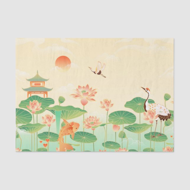 Papel De Seda Jardim Japonês Koi Pond e Waterlily Art (Frente )