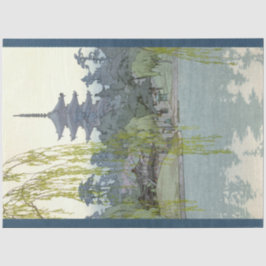 Papel De Seda Jardim Japonês Vintage Blue Willow Lake Pagoda 2