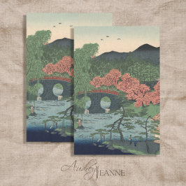 Papel De Seda Jardim Japonês Vintage Lake w Bridge Blue n Coral