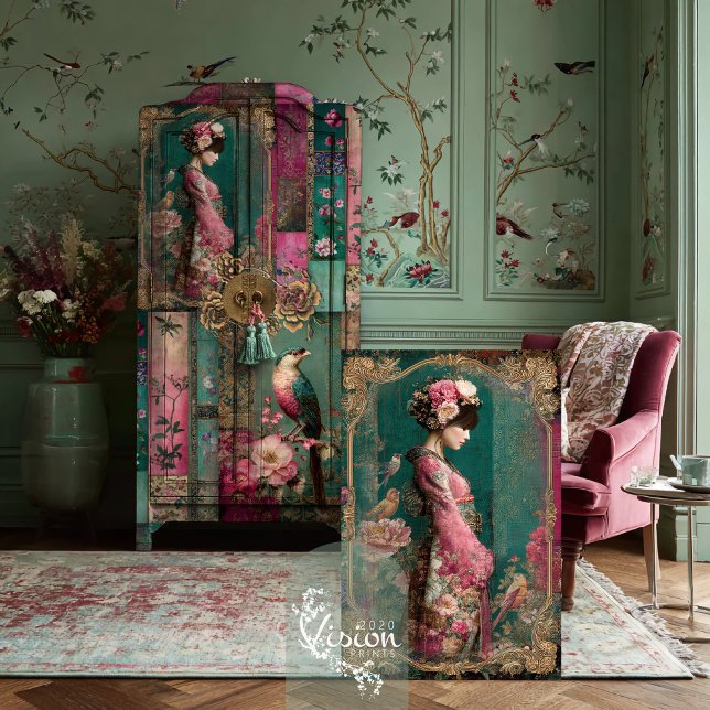 Papel De Seda Jardim Oriental, Arte de Colagem de Retrato (Oriental Garden, Asian Beauty, Chinoiserie Patchwork Collage Decoupage Tissue.)