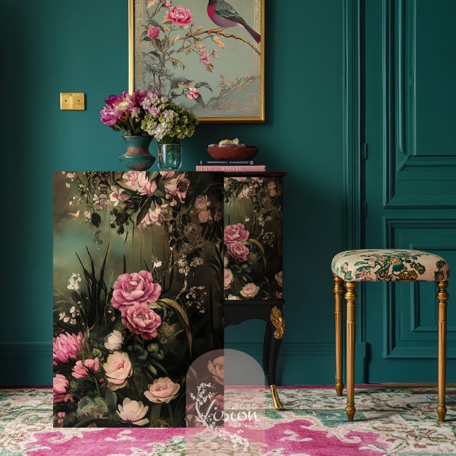 Papel De Seda Jardim Romance, Jardim Floral Eetal (Garden Romance, Ethereal moody green Floral scene with pink flowers, furniture decoupage tissue)