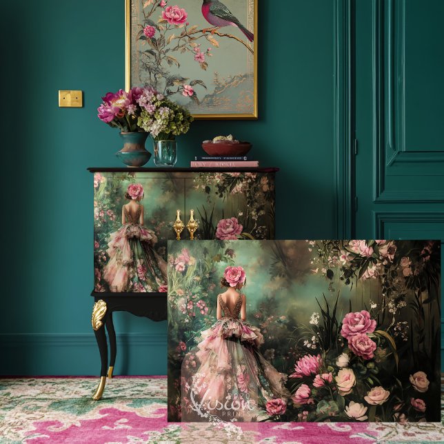 Papel De Seda Jardim Romance, Retrato e Floral do Bouffant Elega (Garden Romance, Elegant Bouffant Lady Portrait & Ethereal Floral Garden Decoupage Tissue Paper.)