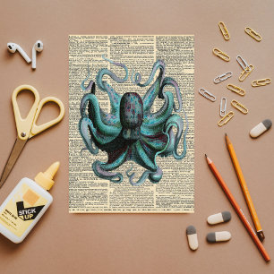 Papel De Seda Jornais Vintage com Disco Gigante de Octopus Azul