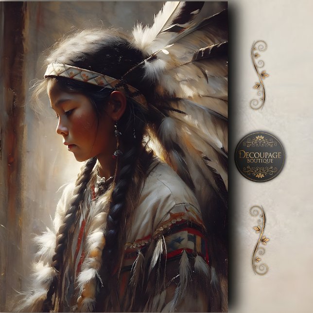 Papel De Seda Jovem Nativa com Toco Decoupage (Young Native Girl Feather Headdress Decoupage Tissue Paper)