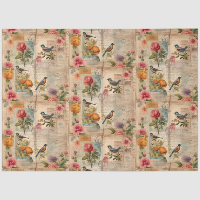 Papel De Seda Junk Journal Seite mit Blumen + Vögel -  (Frente )