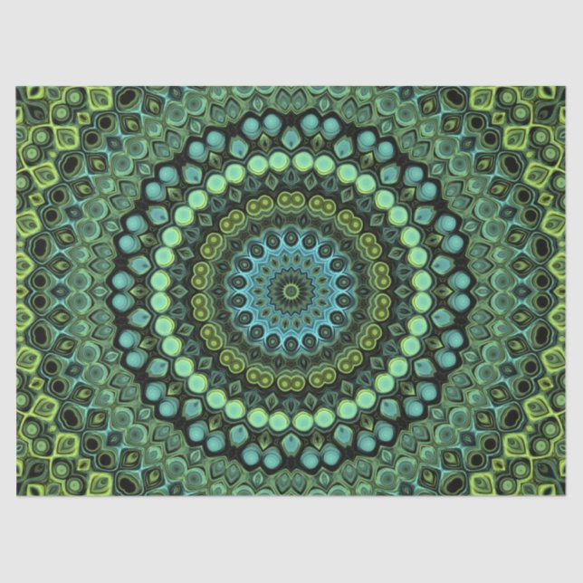 Papel De Seda Kaleidoscópio Verde e Teal Padrão de Mandala (Frente )