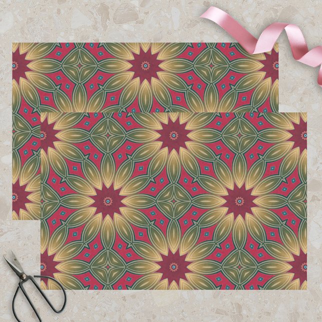 Papel De Seda Kaleidoscópio Verde Vermelho Padrão Floral Geométr (Criador carregado)