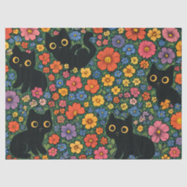 Papel De Seda Kawaii Garden Art – Cute Black Cat Floral Pattern