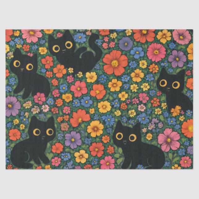 Papel De Seda Kawaii Garden Art – Cute Black Cat Floral Pattern (Frente )