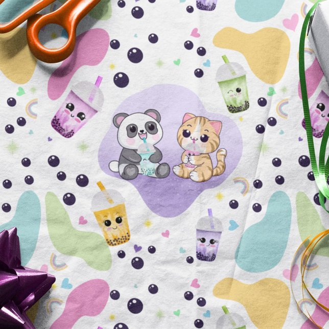 Papel De Seda Kawaii Panda & Tiger Bubble Tea Aniversário Infant (Criador carregado)