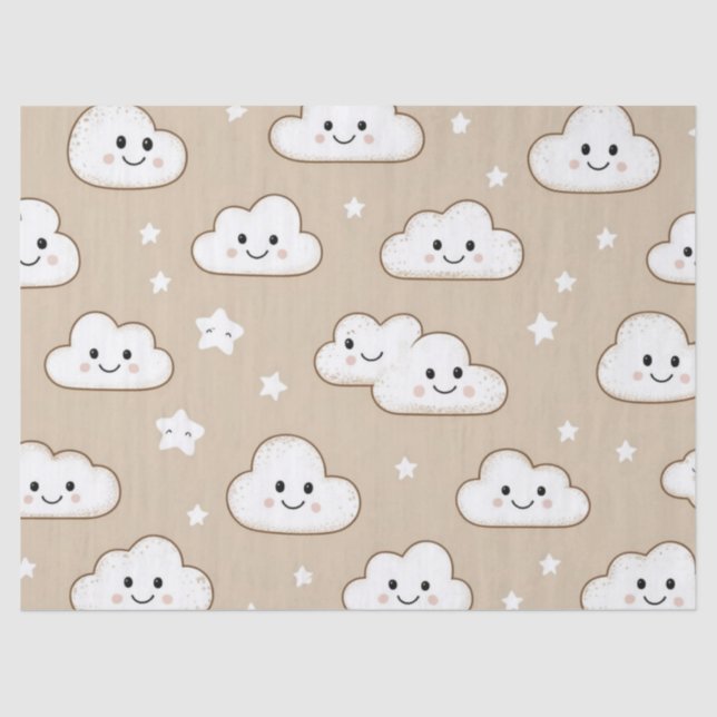 Papel De Seda  Kawaii Smiling Clouds & Stars on Beige (Frente )
