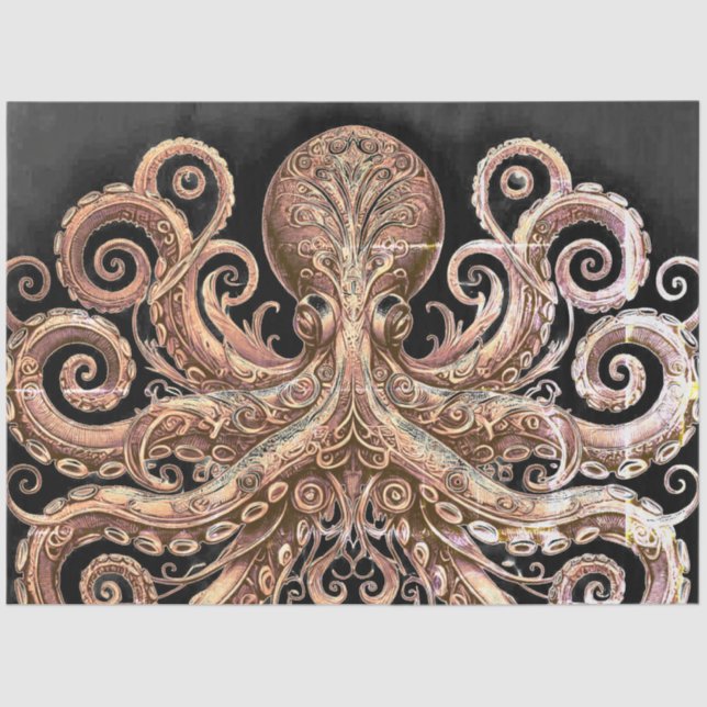 Papel De Seda Kraken Steampunk Octopus Ornate Gold Black (Frente )