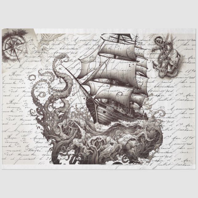 Papel De Seda Kraken vs pirate ship nautical theme (Frente )