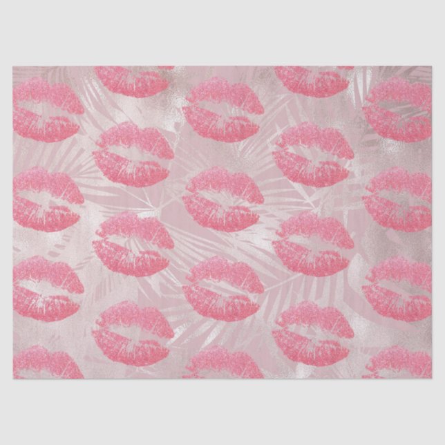 Papel De Seda Lábios brilhantes cor-de-rosa e folhas tropicais D (Frente )