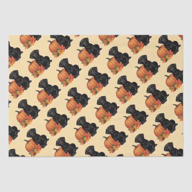 Papel De Seda Labrador Negro com Folhas de outono e Abóbora (Frente )