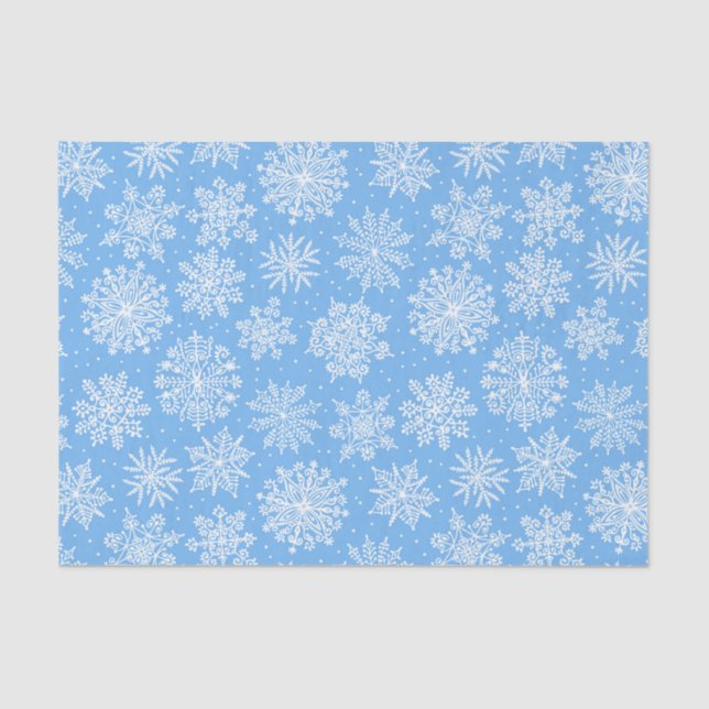 Papel De Seda Lacy White Snowflakes em um fundo azul claro (Frente )