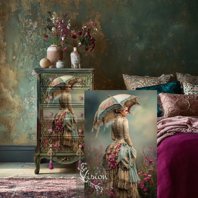 Papel De Seda Lady & a Parasol Ethereal Floral Field (French Woman, and Parasol, Ethereal Floral Field, Muted Teal and Fuchsia Pink Decoupage Tissue Paper)