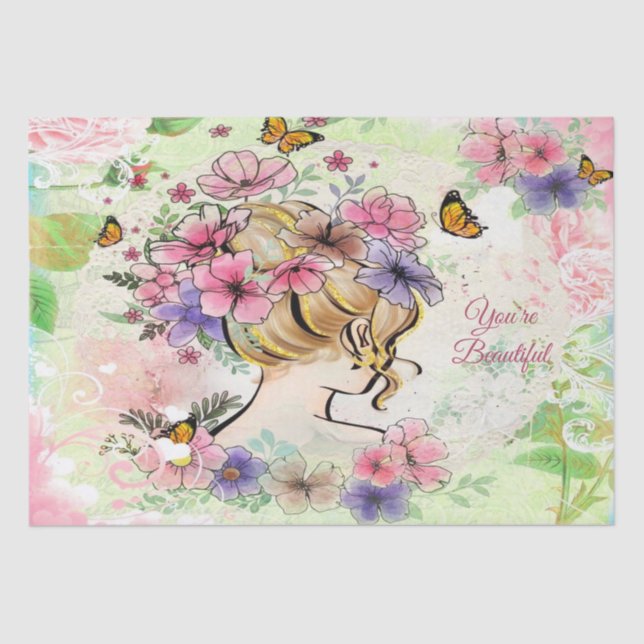 Papel De Seda Lady Com Lindas Flores Personalizadas (Frente )