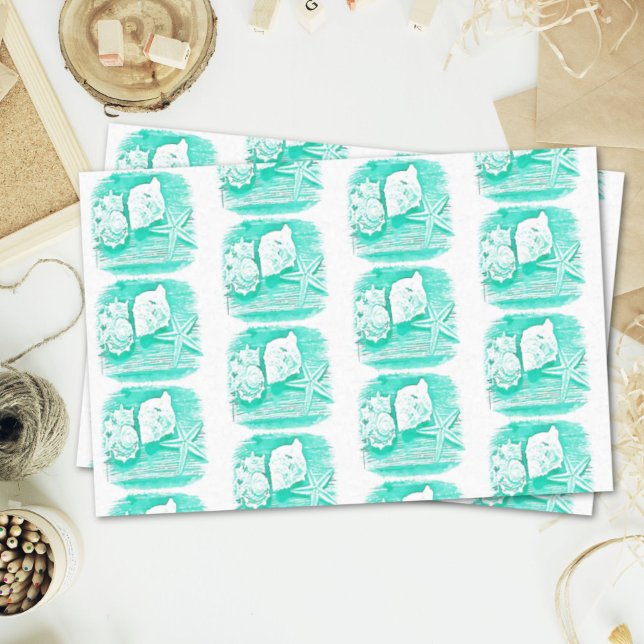 Papel De Seda lagosta de lagoa de lagoa de lágrimas (coastal beach watercolor teal seashell starfish tissue paper)