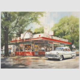 Papel De Seda Lanchonete Americana retrô dos anos 50 em aquarela