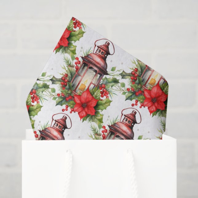 Papel De Seda Lanterna de Natal Vermelho Poinsettia e Pinheiros (Sacola de presentes)