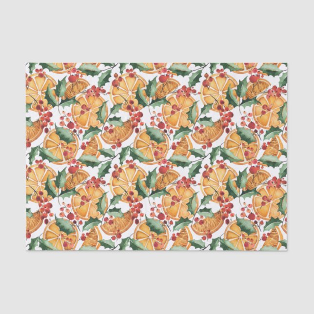 Papel De Seda Laranjas dessecadas por aquarelas e Berries Natal (Frente )