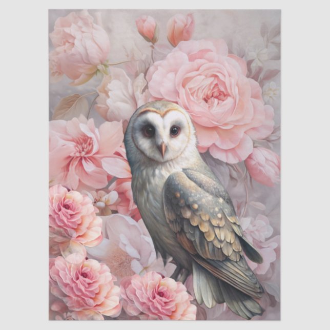 Papel De Seda Large Ethereal Pink Florals & White Owl Decoupage (Frente )