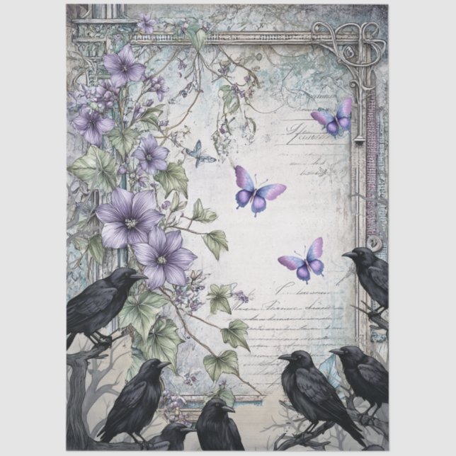 Papel De Seda Lavender Floral Butterflies & Raven Decoupage (Frente )