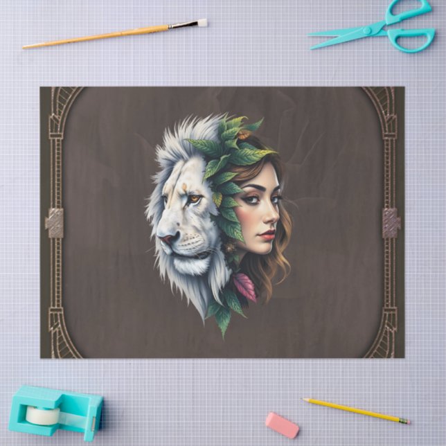 Papel De Seda Leão Branco e Mulher (Arte )