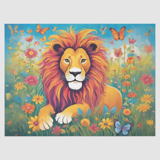 Papel De Seda Leão Deitado no Jardim de Flores (Frente )