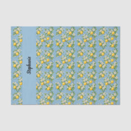 Papel De Seda Lemon Citrus Blue Tile Pattern Monogram Name