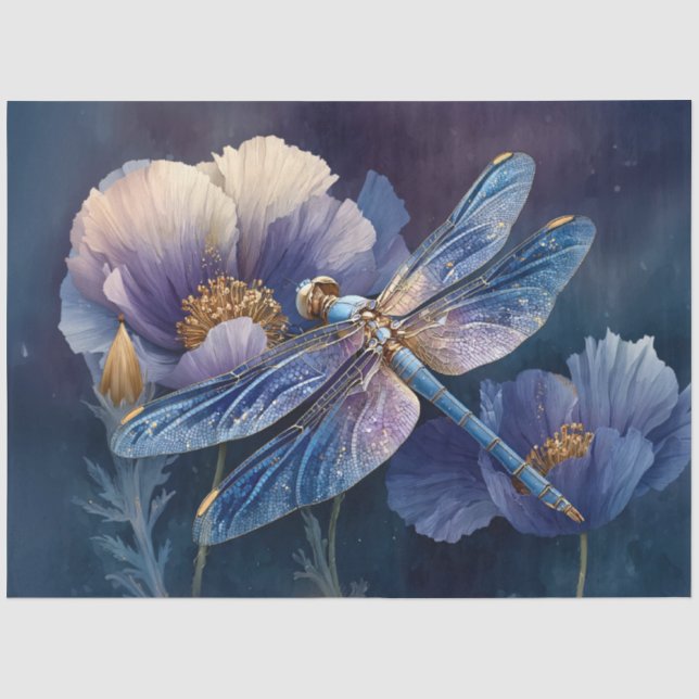 Papel De Seda Libélula Azul com Decoupage de Asas Douradas (Frente )
