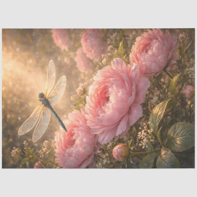 Papel De Seda Libélula sobre Peônias Rosa Jardim de Primavera  (Frente )