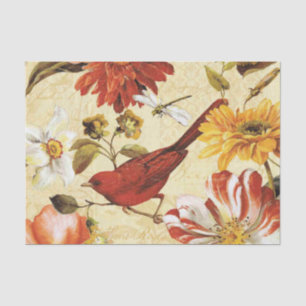 Papel De Seda Libélula vermelha floral branca alaranjada do
