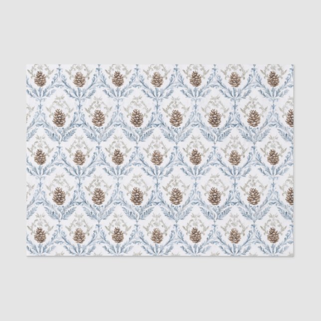 Papel De Seda Light Blue Damask Pattern with Pine Cones (Frente )