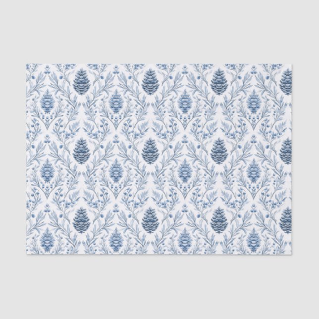 Papel De Seda Light Blue & White Damask with Pine Cones (Frente )