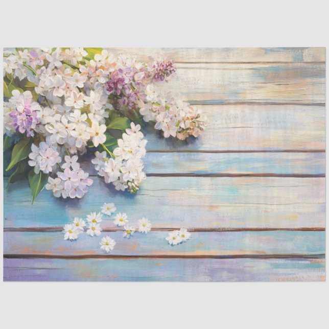 Papel De Seda Lilases e Margaridas em Madeira Pastel (Frente )