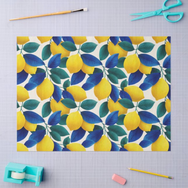 Papel De Seda Limão Vibrante e Folhas Azuis Padrão de Aquarela (Arte )