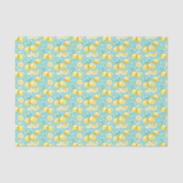 Papel De Seda Limões Amarelos em Azul Claro (Frente )