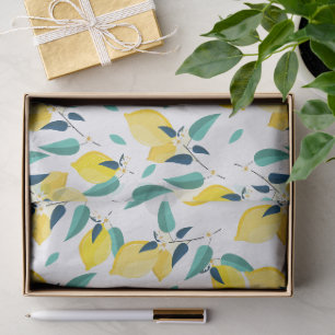 Papel De Seda Limões Amarelos, Flores Brancas e Folhas Teal Padr
