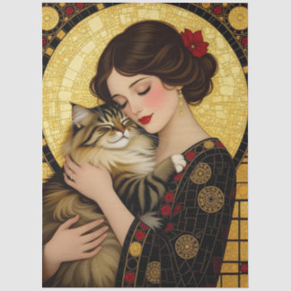 Papel De Seda Linda Garota Abraça Gato Art Nouveau Decoupage