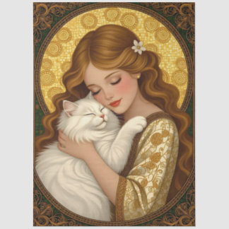 Papel De Seda Linda Garota Abraça Gato Art Nouveau Decoupage
