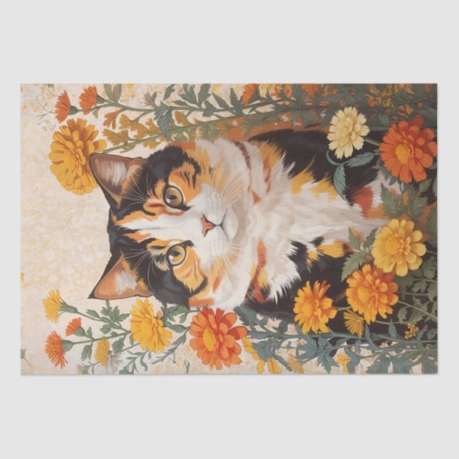 Papel De Seda Linda Gato Calico Com Flores Marigold (Frente )