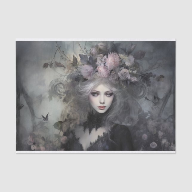 Papel De Seda Linda Mulher Gótica Rainha com Decoupage Flor (Frente )