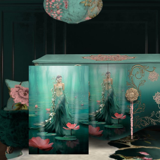 Papel De Seda Linda mulher Lotus Water Emerald Green (Arise Woman in the Lotus marsh Portrait art Furniture Decoupage Mock Up)