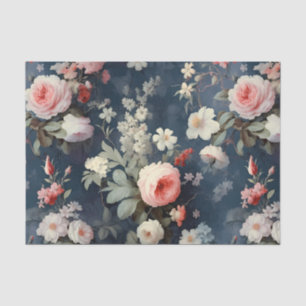 Papel De Seda Lindo padrão floral shabby chic em azul escuro