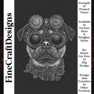 Papel De Seda Lindo Pug Steampunk Preto e Branco Decoupage T6