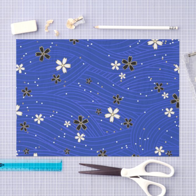 Papel De Seda Linhas onduladas, adornadas com flores pretas e br (Arte )