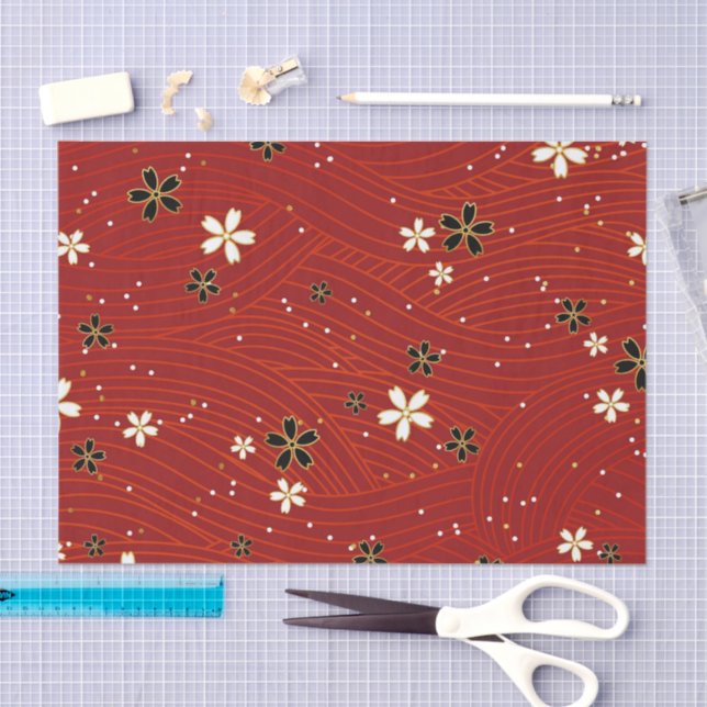 Papel De Seda Linhas onduladas, adornadas com flores pretas e br (Arte )