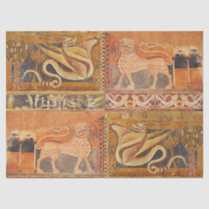 Papel De Seda LION E DRAGON Fresco medieval em amarelo alaranjad